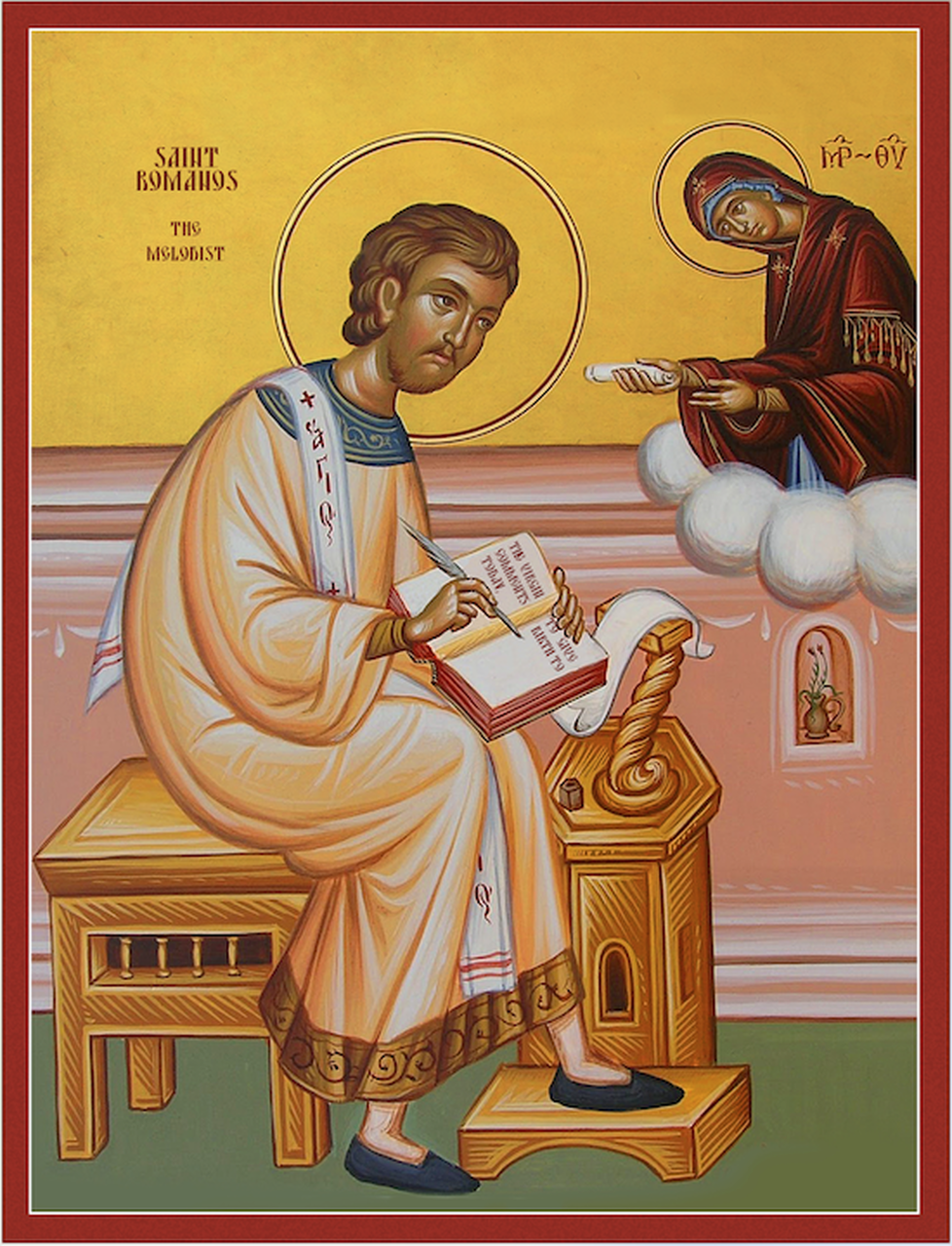 Icon of St Romanos seated, writing with pen, watched over by Theotokos